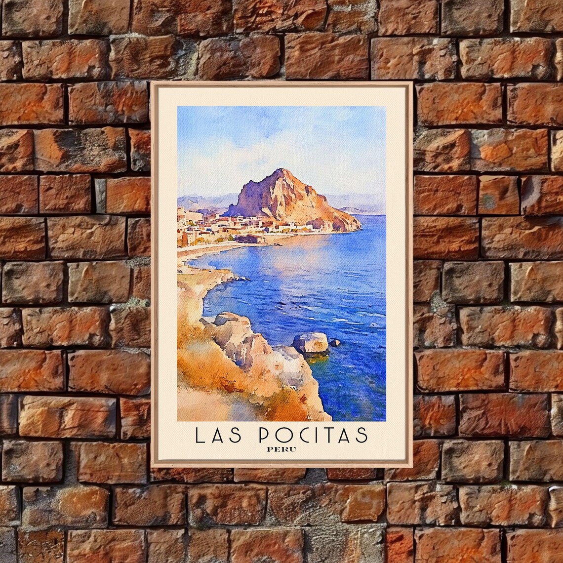 Las Pocitas Peru Rocky Headland Coastal Town Blue Sea Watercolor Poster - Image 4