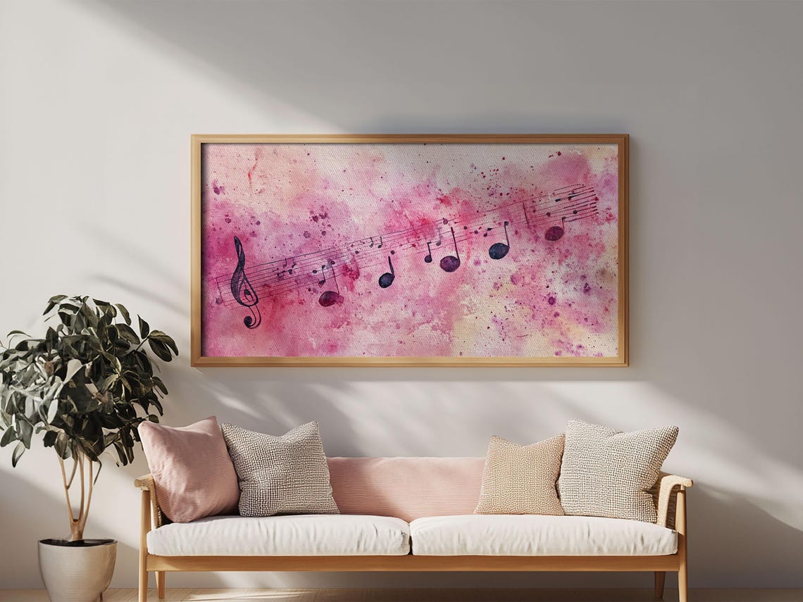 Pink Watercolor Sheet Music With Treble Clef And Floating Notes Poster - Image 3