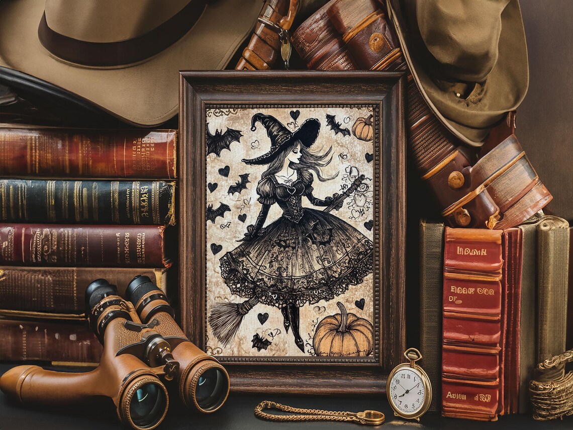 Witch In Lace Dress Flying Broom Vintage Gothic Halloween Pumpkin Art Poster