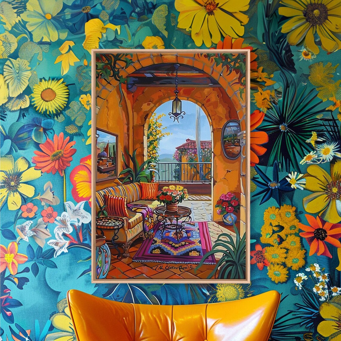 Spanish Terrace Arched Patio Colorful Rug Flower Painting Art Print - Image 2