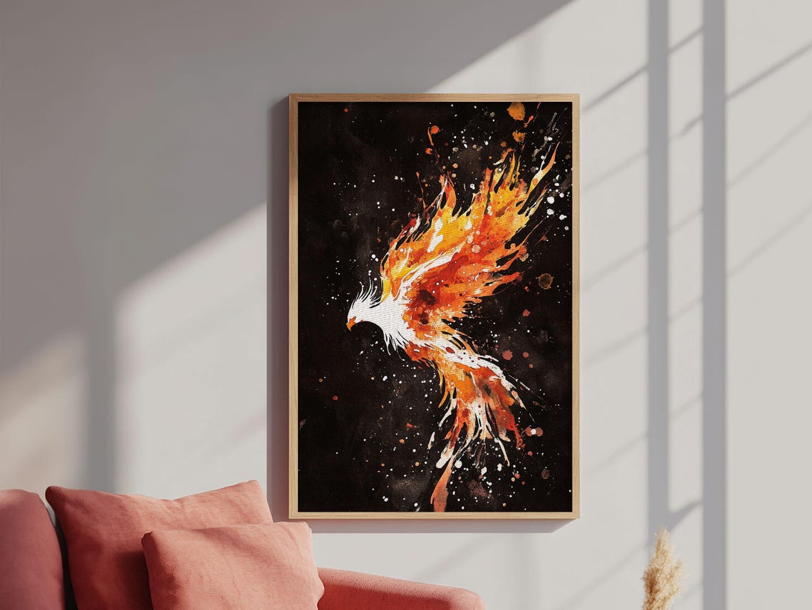Fiery Phoenix Rising From Flames Watercolor Mythical Bird Poster - Image 4