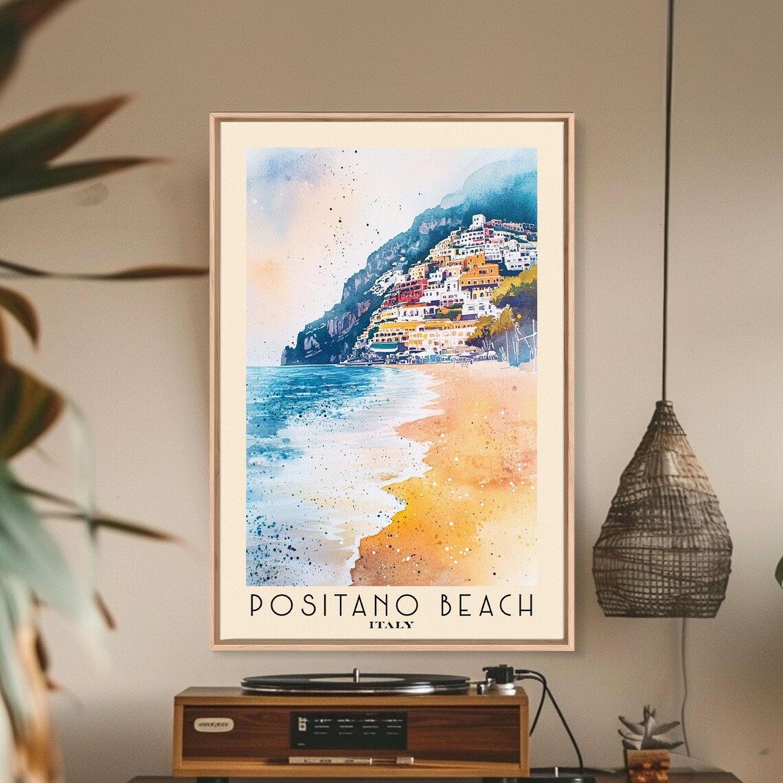 Positano Beach Italy Colorful Cliffside Town Golden Beach Blue Sea Watercolor Poster - Image 2