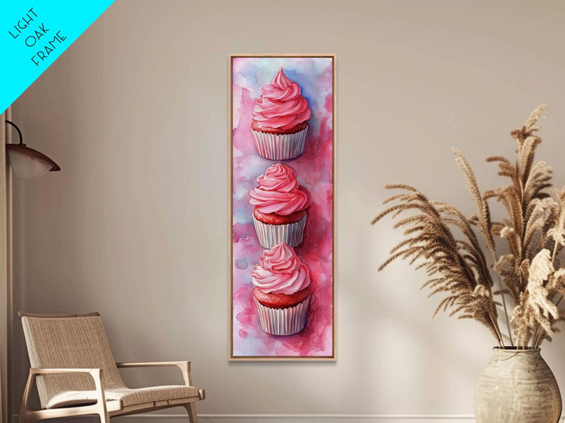 Three Pink Frosted Cupcakes Watercolor Sweet Kitchen Dessert Wall Art - Image 4