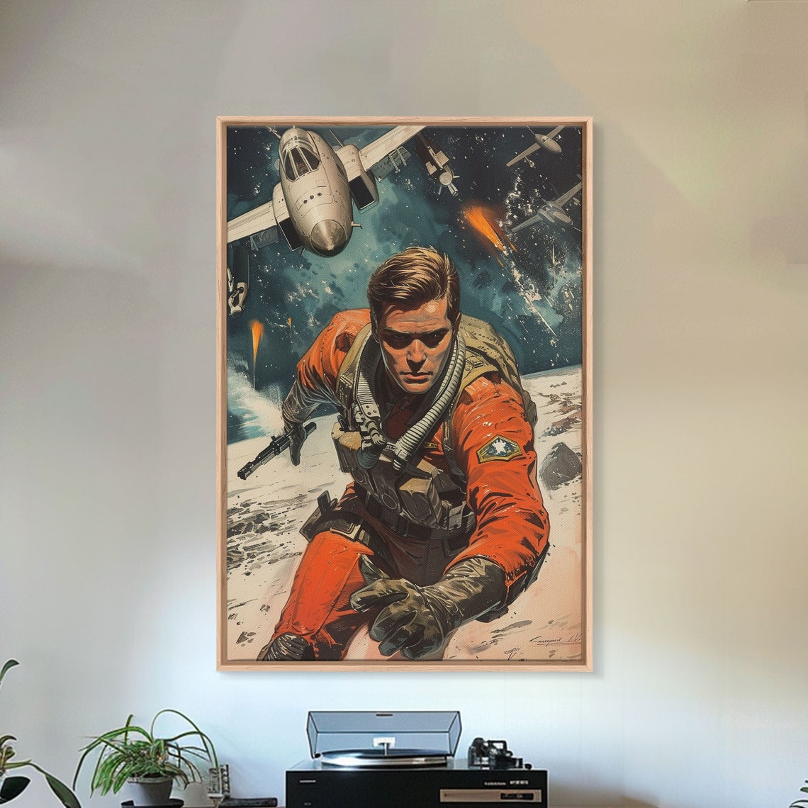 Retro Comic Space Pilot Poster Soldier Reaching Out with Jet Above - Image 5