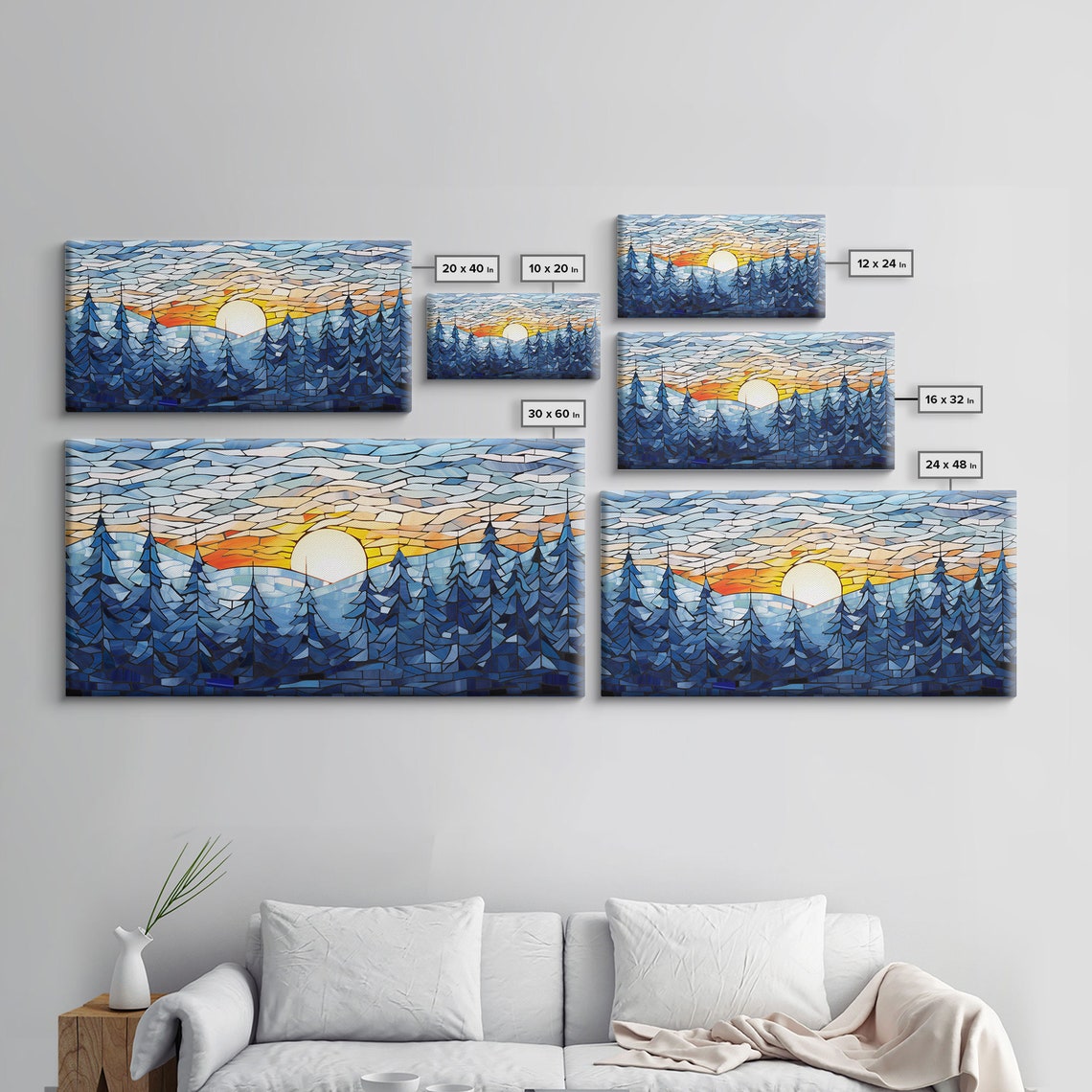 Stained Glass Winter Pines Sunset Blue Snowy Forest Painting Poster - Image 2