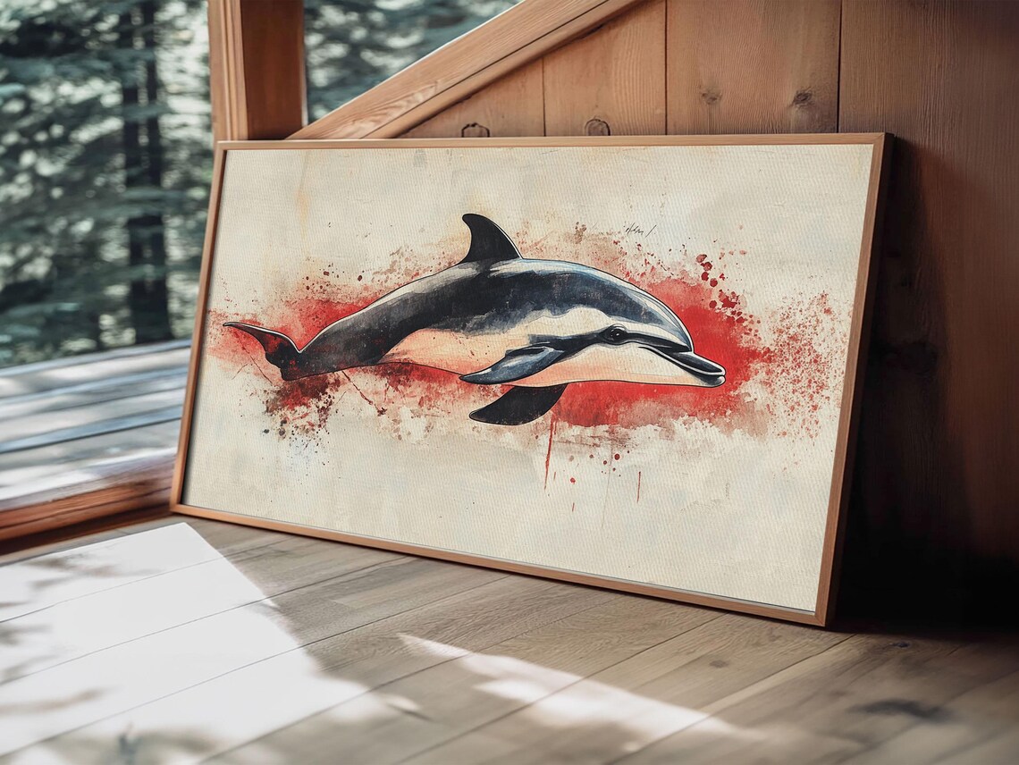 Dolphin Leaping Red Splash Background Watercolor Animal Painting Print - Image 2