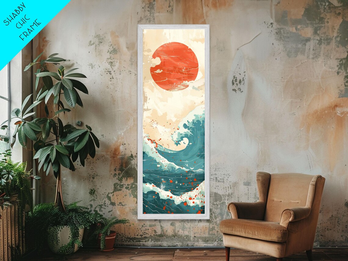 Red Sun Over Teal Ocean Waves Cream Tones Abstract Japanese Seascape Wall Art - Image 6