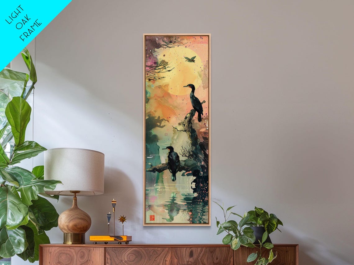 Black Cormorants Water Moon Watercolor Japanese Style Tall Poster - Image 3