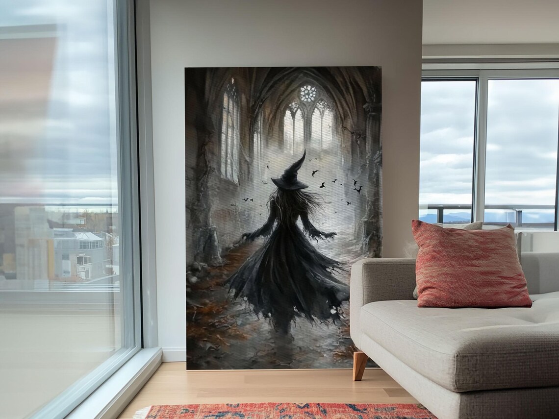 Witch In Gothic Cathedral Ruins Dark Moody Bats Spooky Halloween Art Poster - Image 3