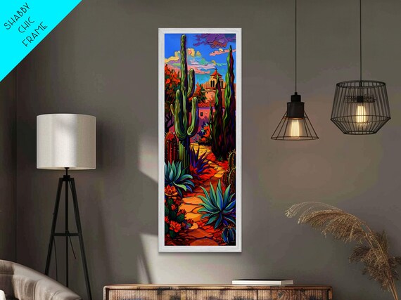 Printed Gouache Style Painting Of Desert Landscape Framed Narrow Wall Art Mexican Landscape Art Print Living Room Art Print