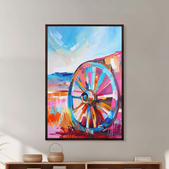 Rustic Wagon Wheel Art Framed Print Colorful Farmhouse Decor Vibrant Wheel Wall Art Unique Living Room Artwork