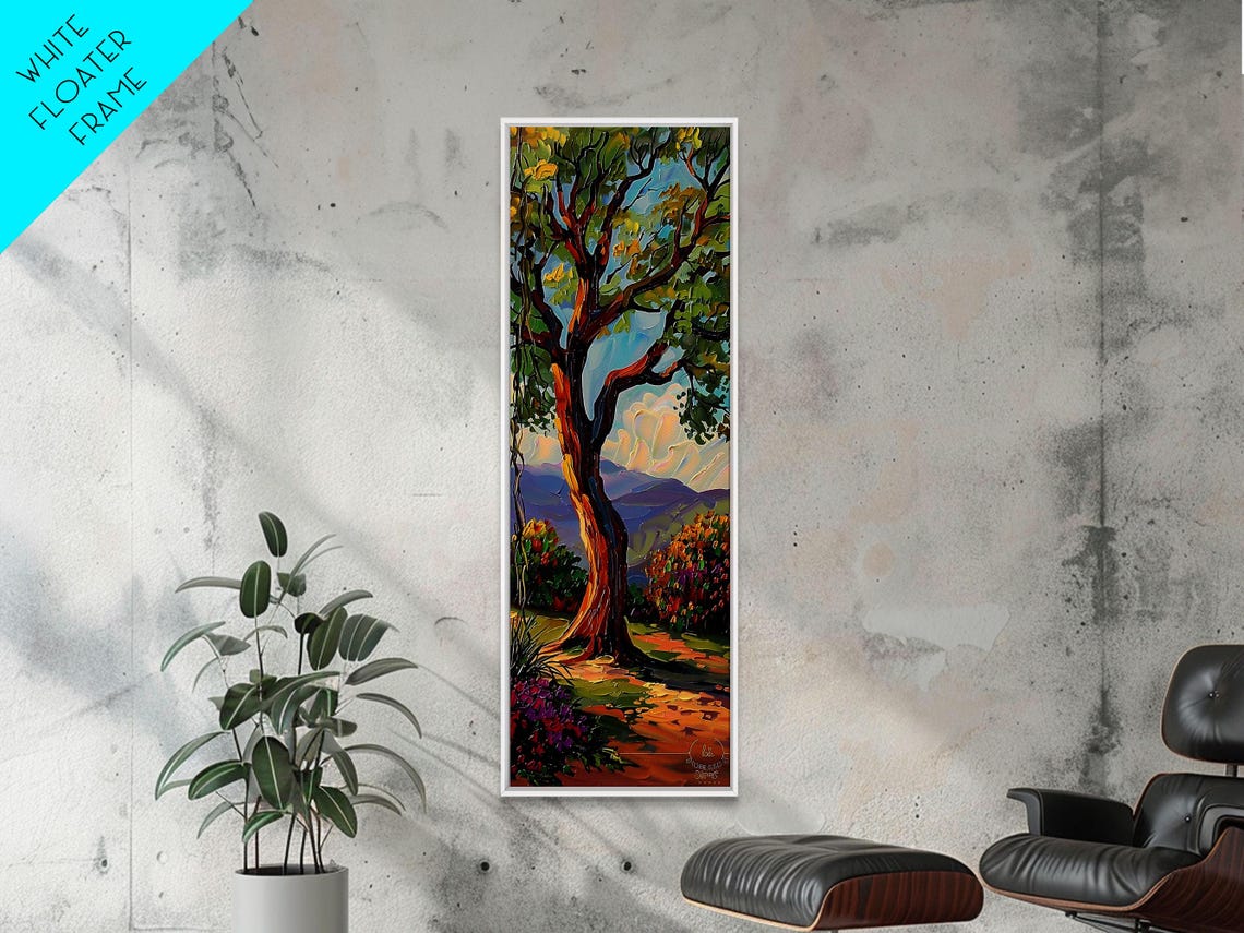 Gnarled Oak Tree On Mountain Path With Wildflowers Impasto View Poster