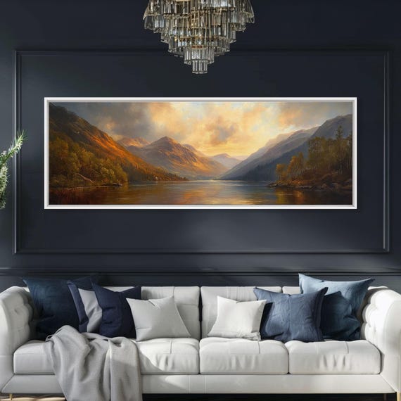 Sunrise Over The Lake Framed Print Boho Style Panoramic Painting Minimalist Wall Art Rustic Farmhouse Home Decor