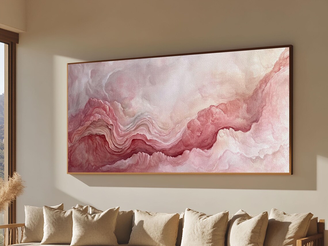 Pink Geode Framed Print Light Pink Wall Art Above Bed Decor Moody Abstract Artwork Gift Idea Minimalist Panoramic Painting - Image 5