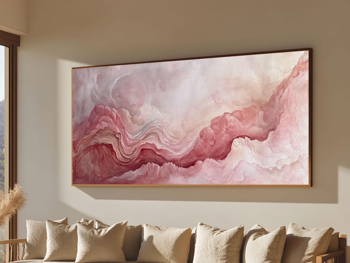 Pink Geode Mineral Layers Abstract Watercolor Moody Panoramic Wall Art - Image 5
