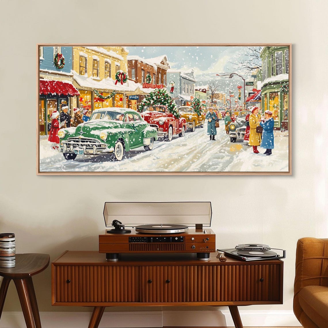 1950s Small Town Main Street At Christmas With Classic Cars Poster - Image 6