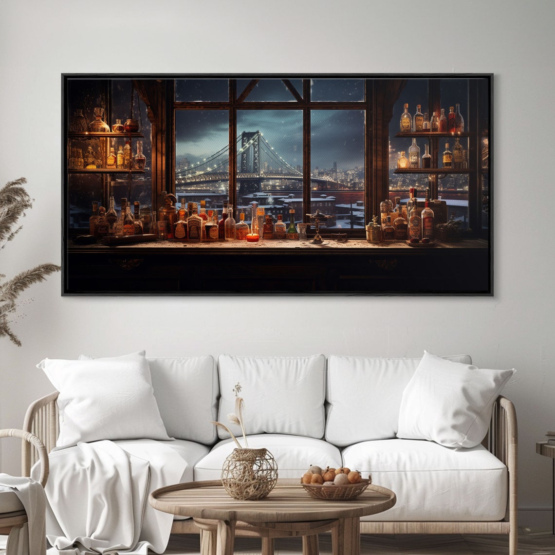 Winter Night Bar City Bridge Window View Vintage Painting Poster - Image 3