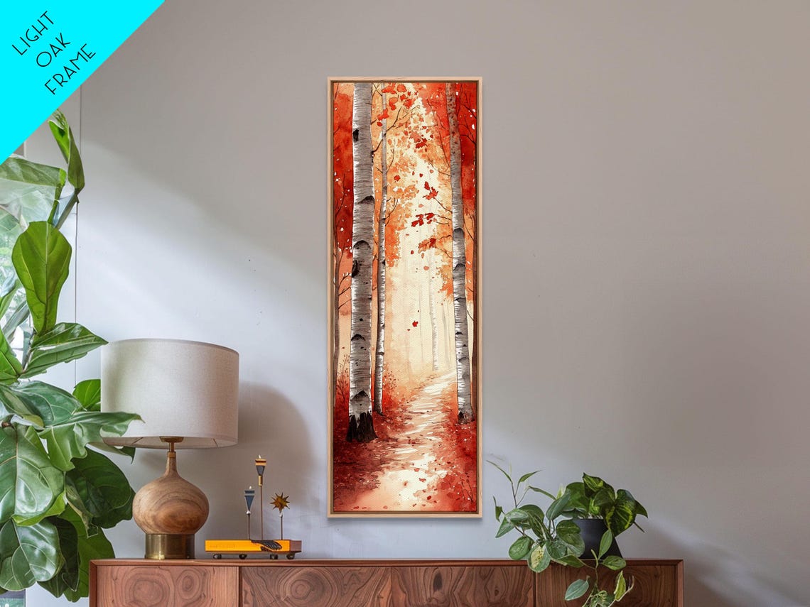 Autumn Birch Trees Glowing Orange Red Foliage Misty Path Art Poster