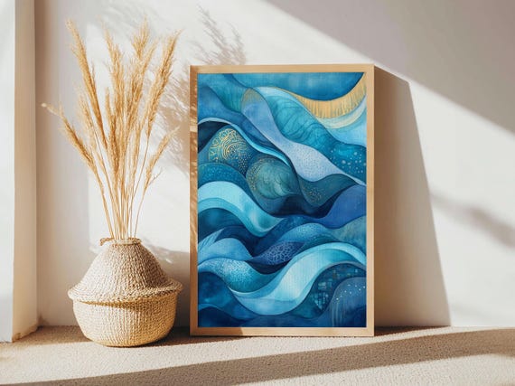 Flowing Blue Waves Print Modern Coastal Art Abstract Zen Decor Nautical Wall Gift Idea Bedroom Calm Artwork Design