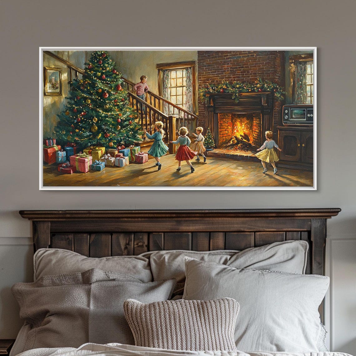 Children Dancing Christmas Tree Fireplace Gifts Vintage Wall Art