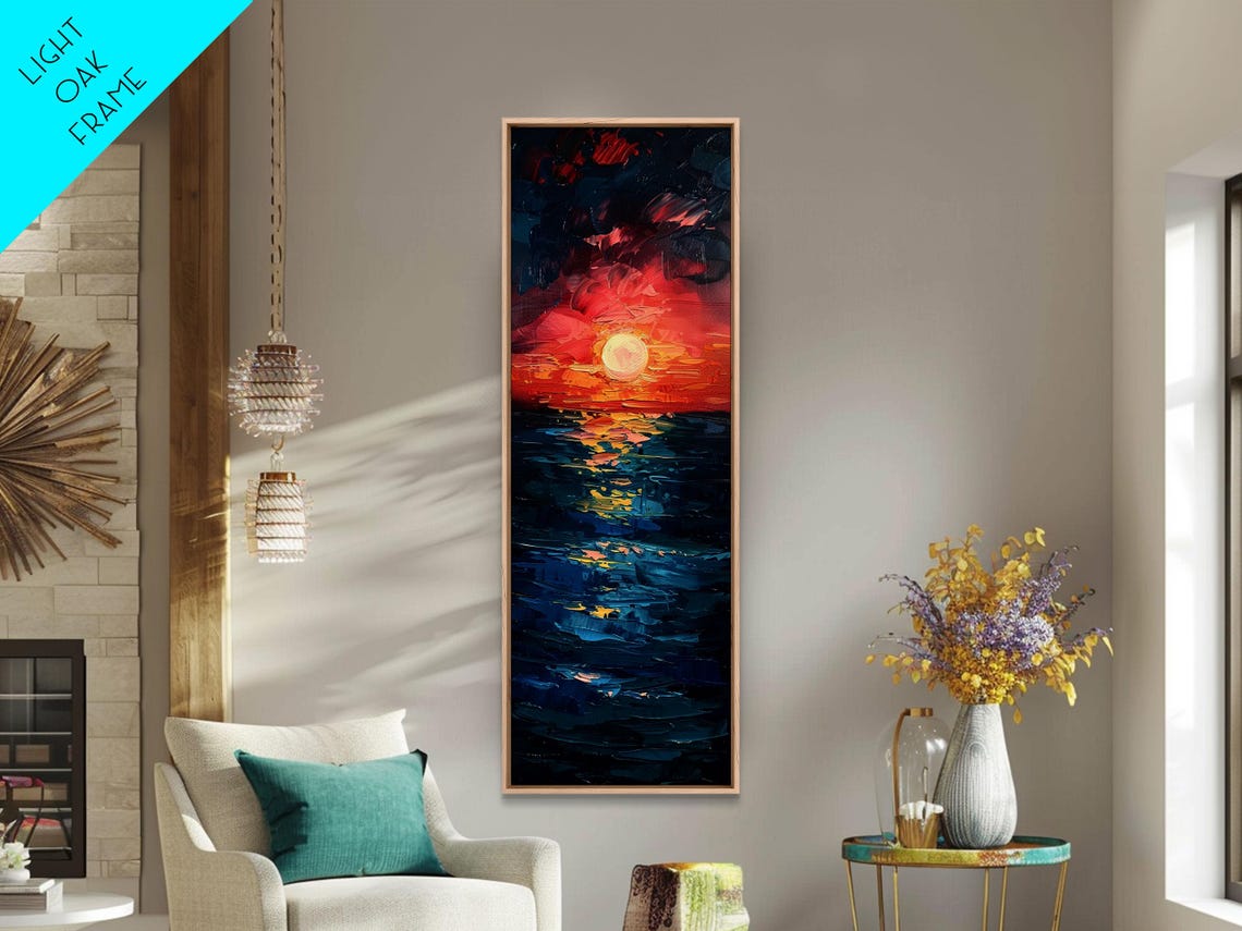 Dramatic Red Sunset Ocean Waves Coastal Impasto Painting Art Print