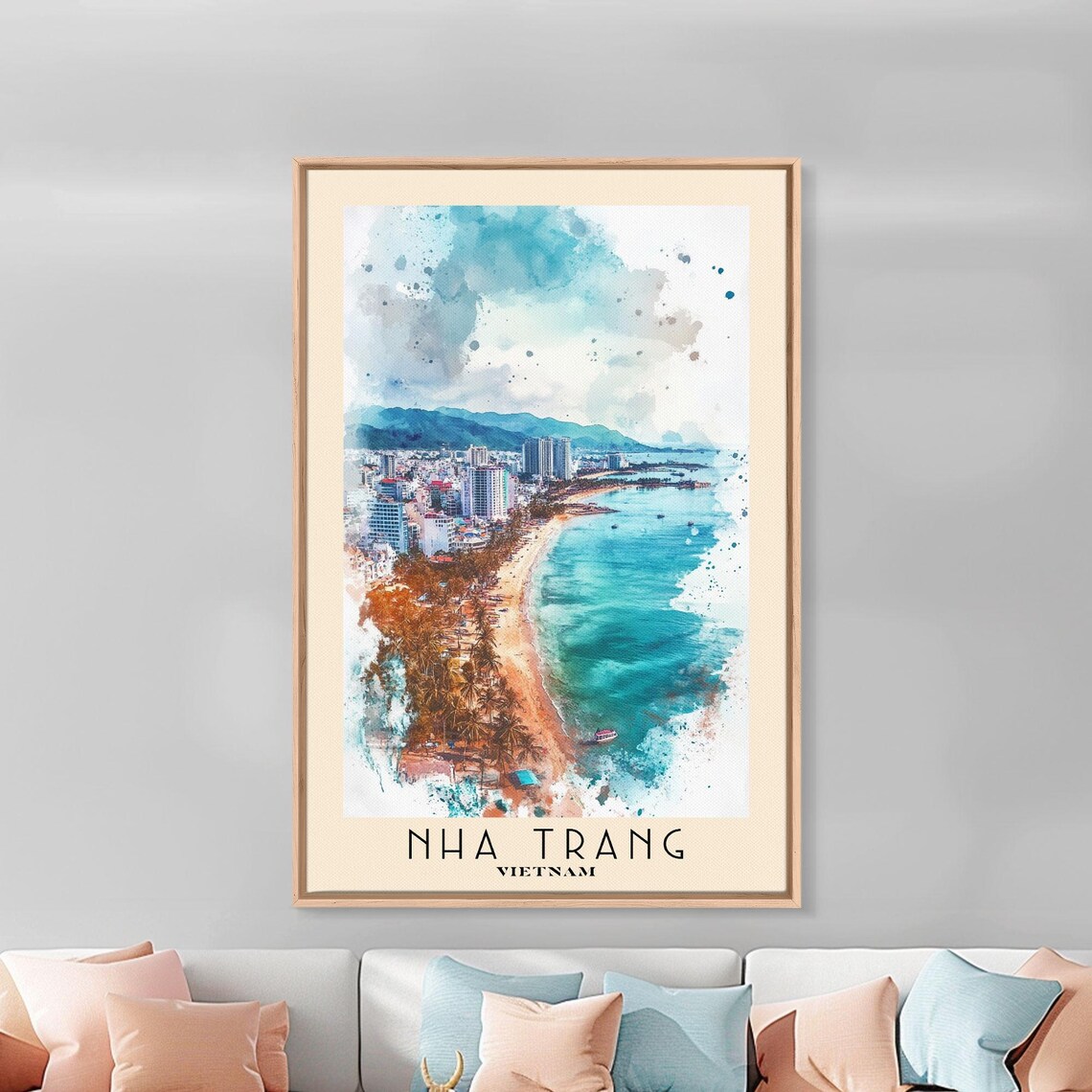 Nha Trang Vietnam Coastal City Aerial Turquoise Bay Watercolor Poster - Image 3