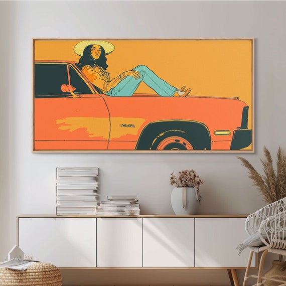Relaxed Cowgirl Sitting On Car Hood Retro Framed Print For Bedroom Perfect Living Room Art Vintage Wall Decor
