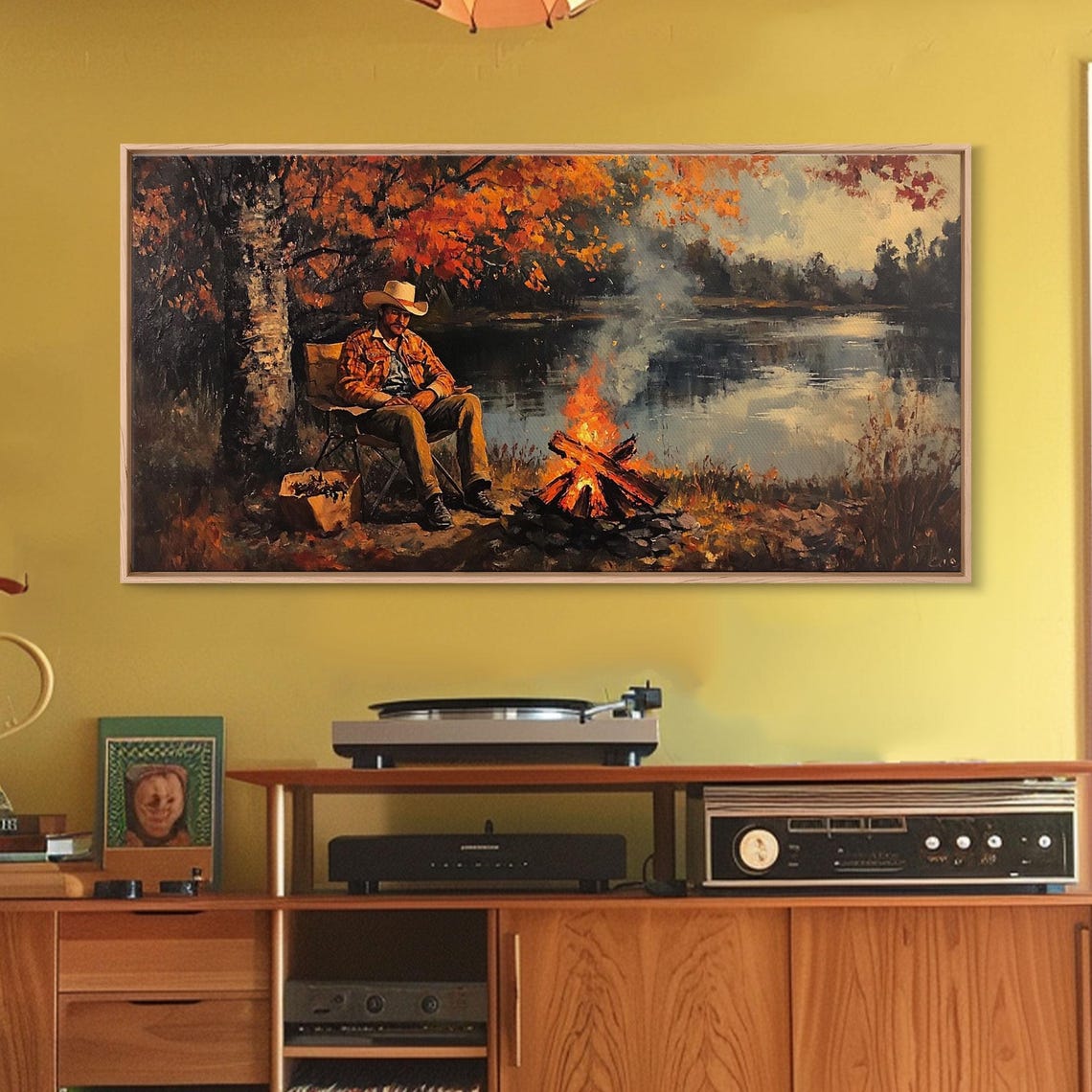 Cowboy Campfire Autumn Lake Rustic Western Landscape Painting Poster - Image 3