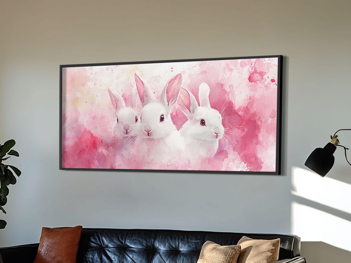 Three White Bunnies On Pink Watercolor Cute Rabbit Nursery Poster - Image 2