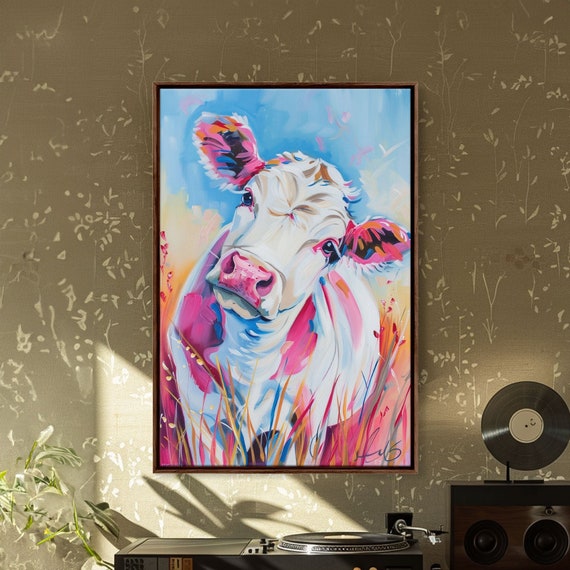 Whimsical Colorful Cow Portrait Modern Farmhouse Wall Art Vibrant Animal Painting Living Room Decor Cute Cow Print