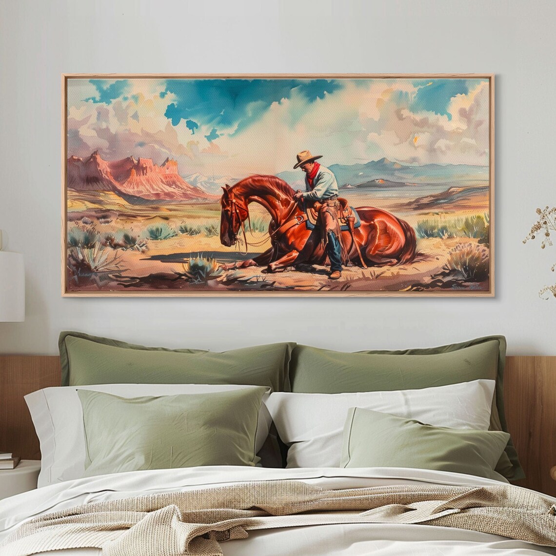 Cowboy Beside Resting Horse Desert Valley Western Painting Art Poster - Image 2
