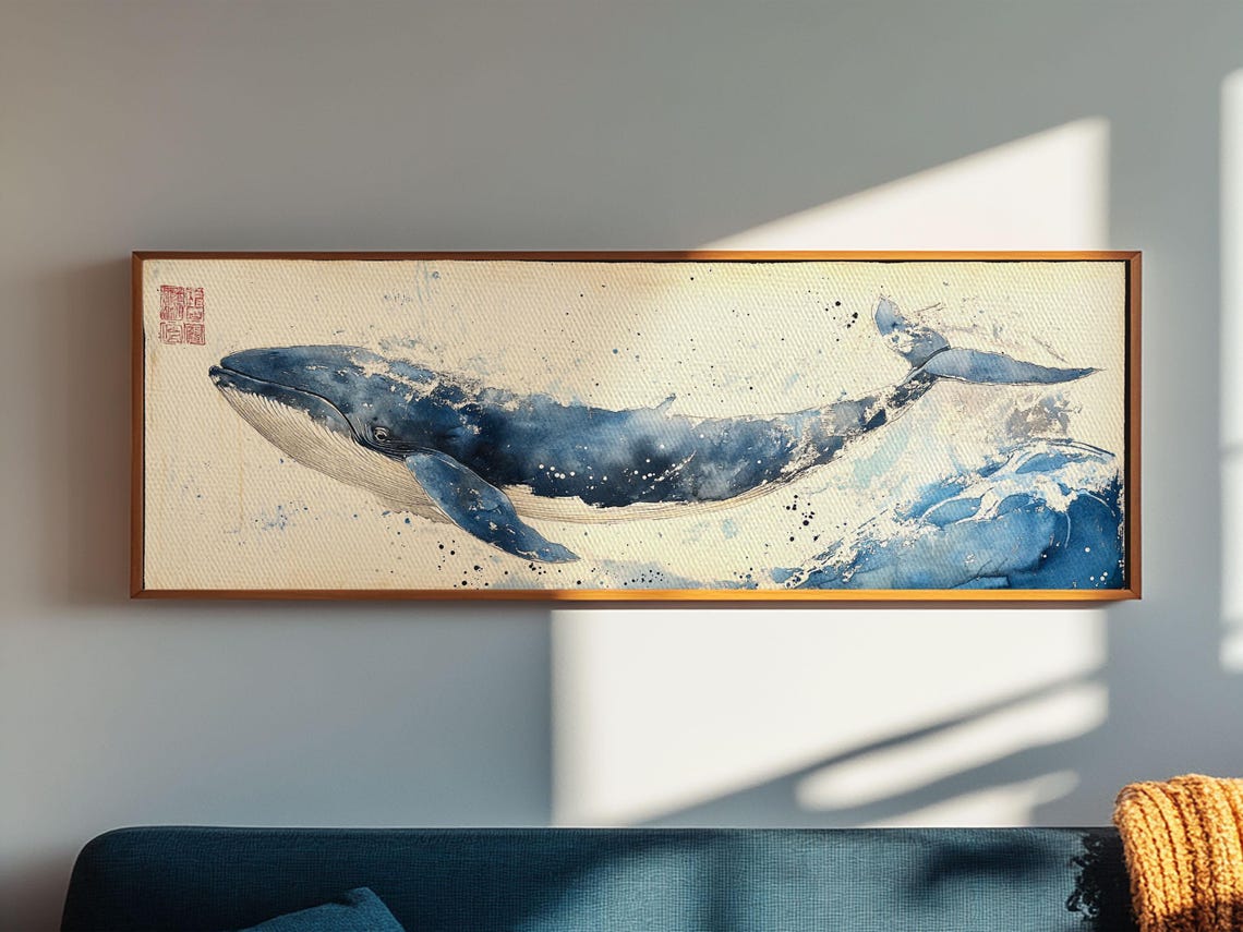 Panoramic Blue Whale Swimming Ocean Wave Watercolor Wall Poster - Image 4