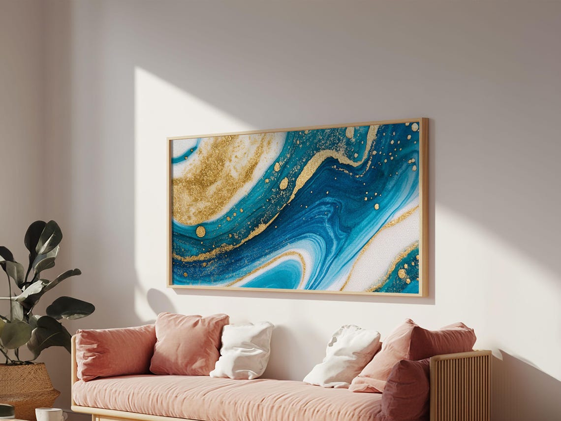 Blue White Gold Marble Abstract Swirl Statement Centerpiece Wall Art - Image 4