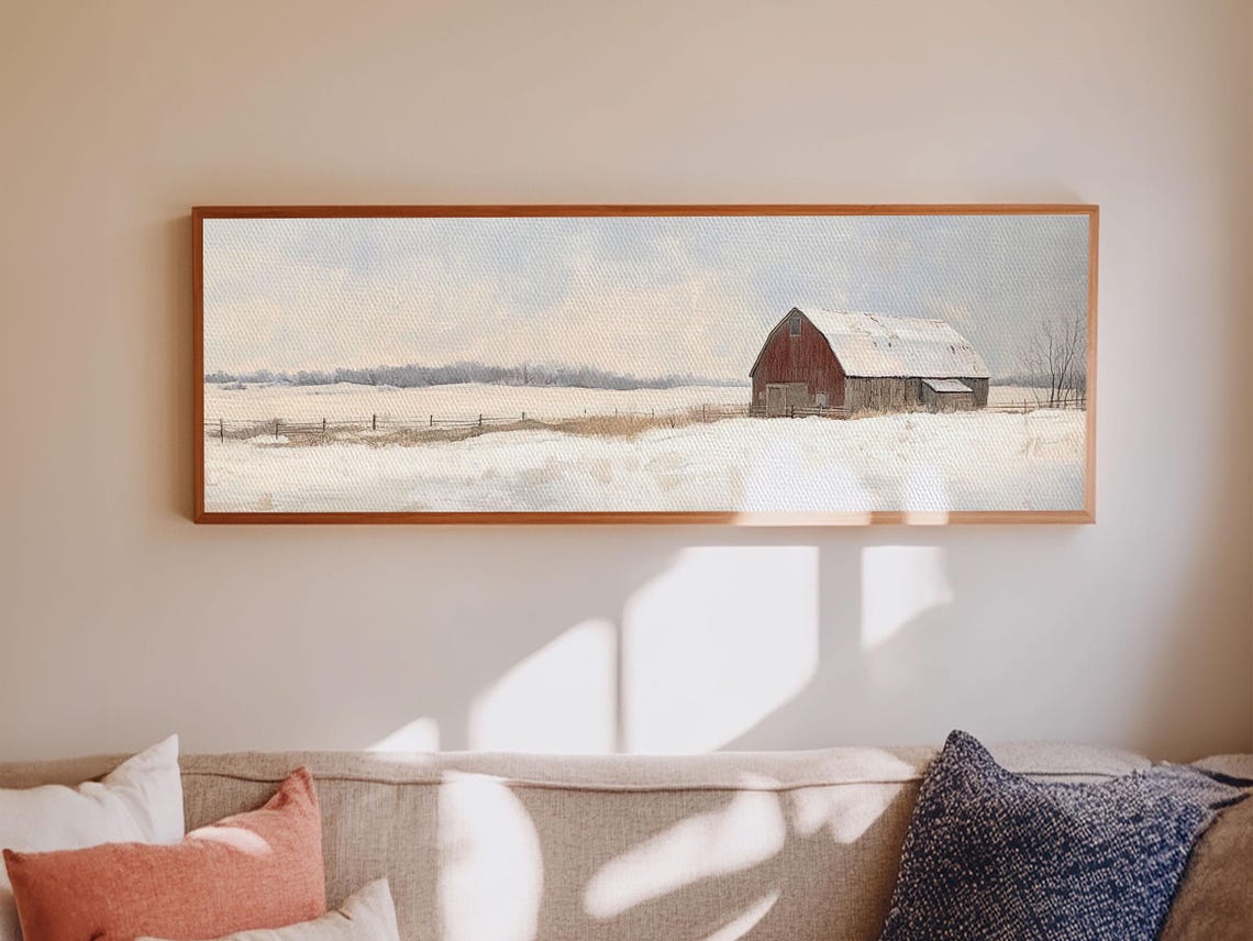 Red Barn Winter Snowy Field Panoramic Farmhouse Landscape Art Poster - Image 6