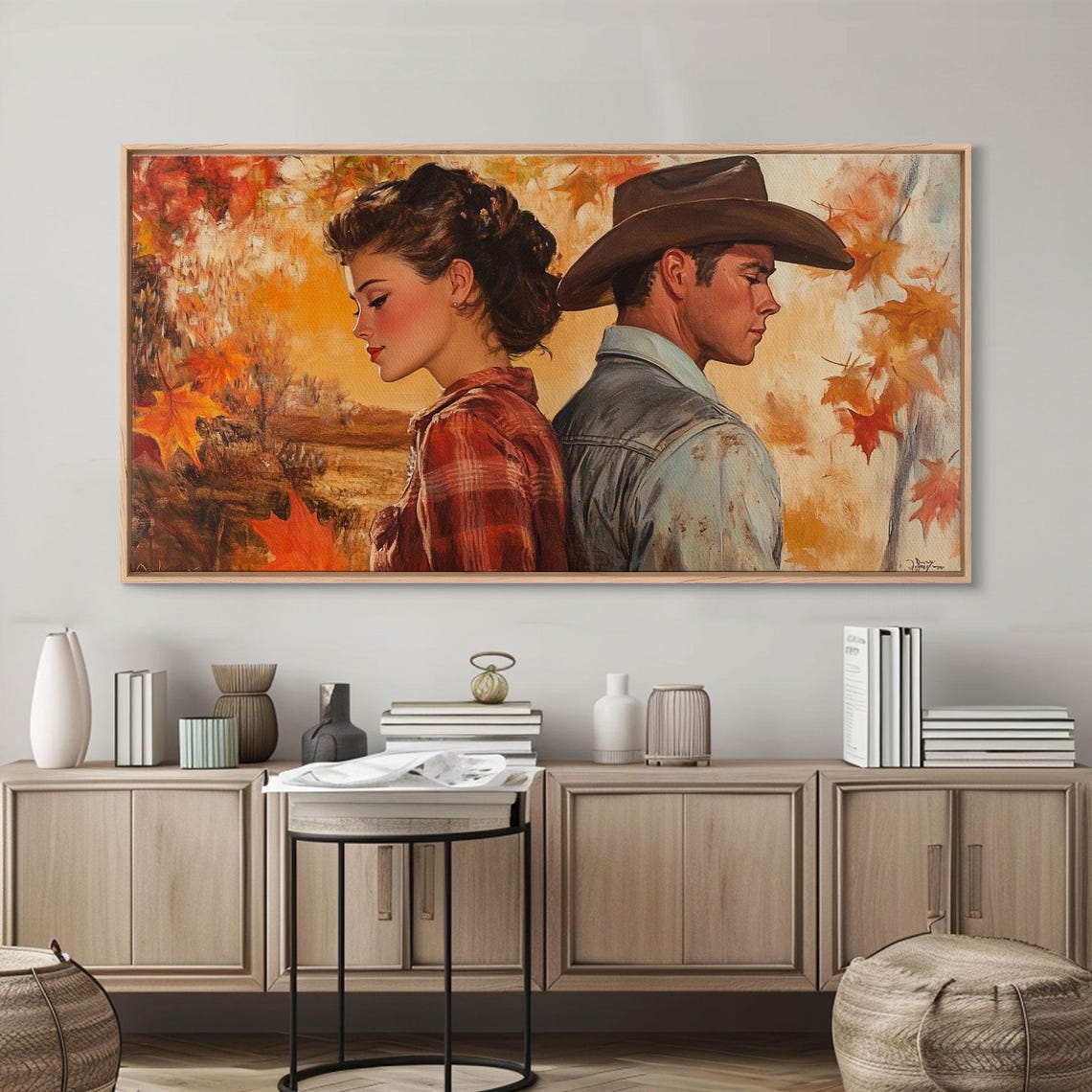 Cowboy And Cowgirl Back To Back In A Golden Autumn Forest Print - Image 5