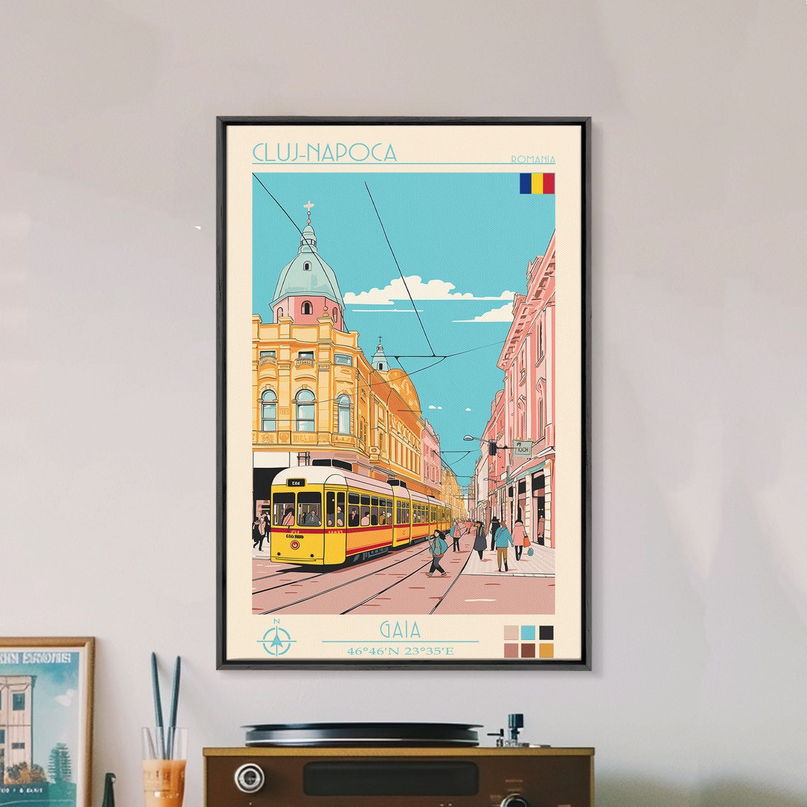 Cluj-Napoca Romania Yellow Tram Domed Building Sunny Street Poster - Image 3