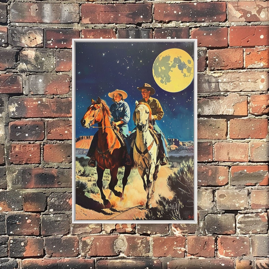 Vintage Cowboy Couple Riding Under Full Moon Night Sky Western Poster