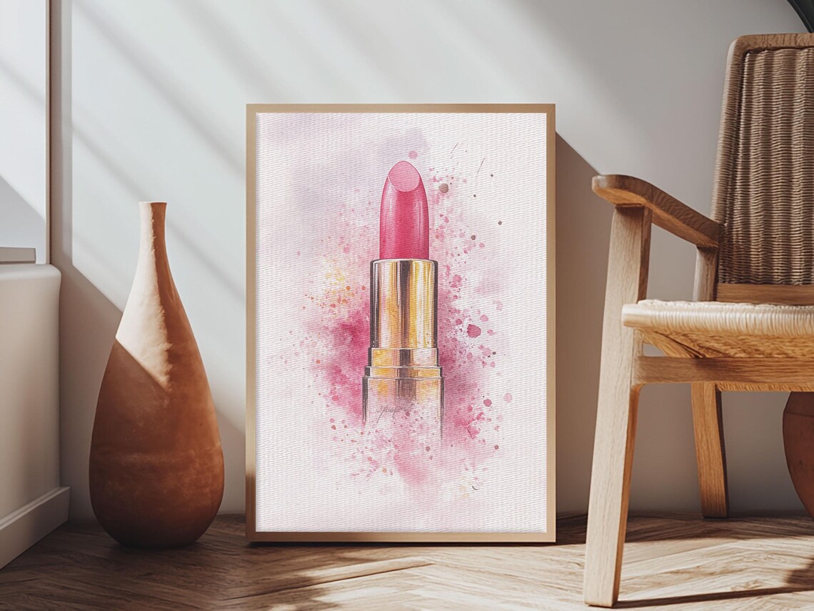 Pink Lipstick In Gold Tube Watercolor Feminine Beauty Wall Art Print - Image 5