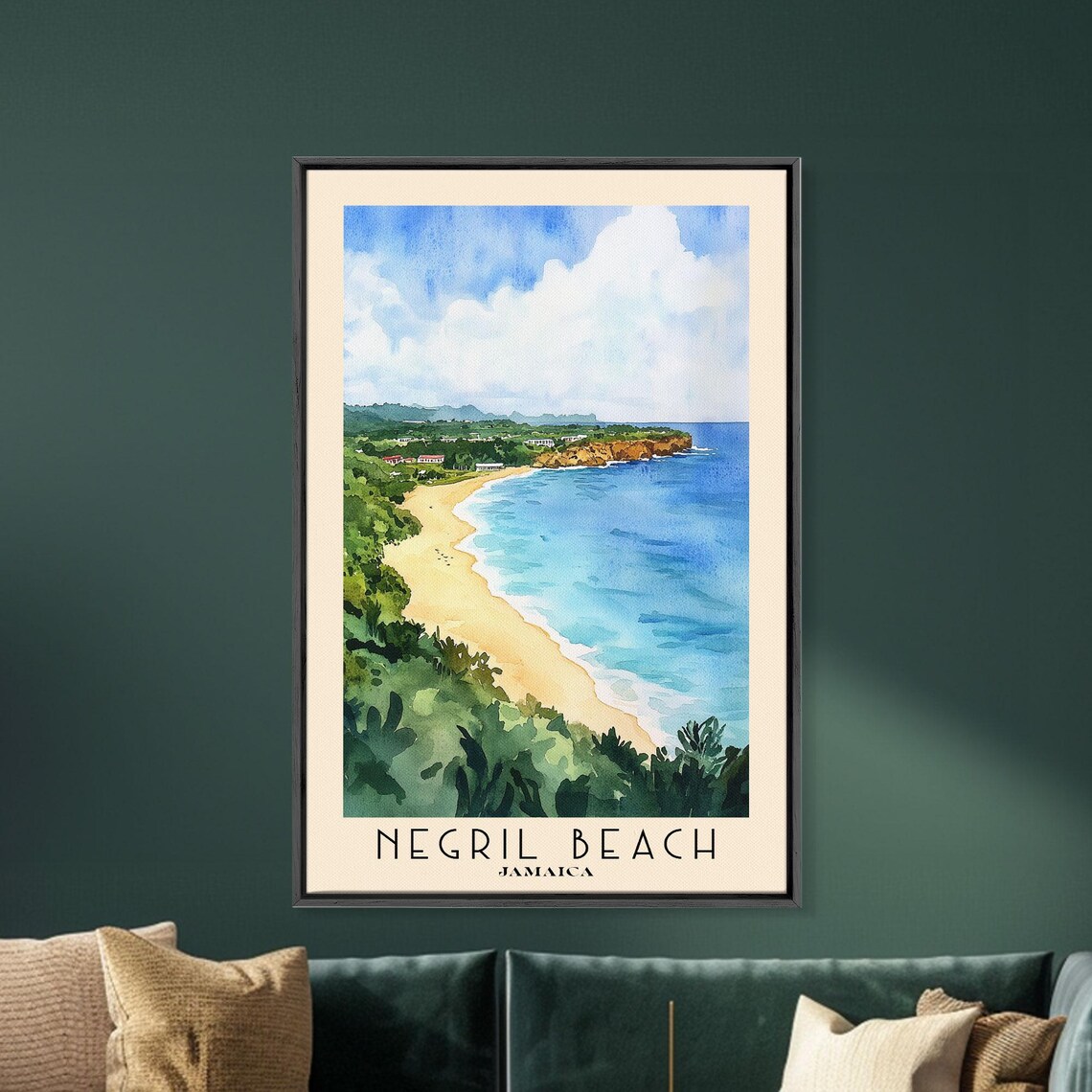Negril Beach Jamaica Golden Sand Curve Lush Green Cliffs Blue Water Poster - Image 5