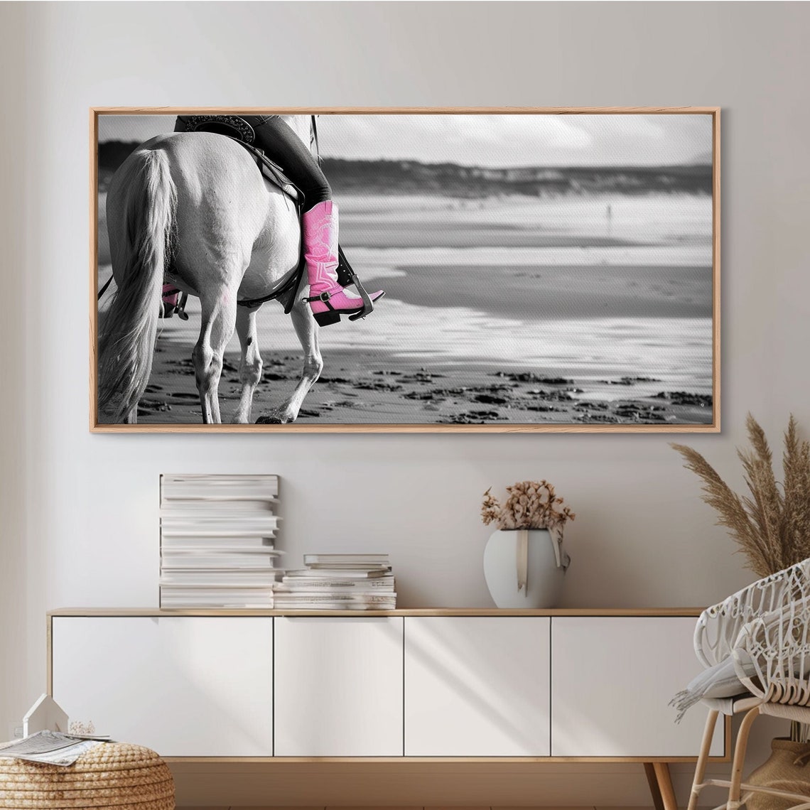 Pink Cowboy Boot On White Horse Beach Ride Selective Color Print - Image 3