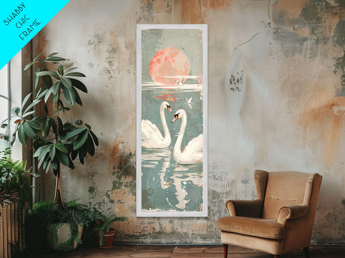 Two White Swans On Lake Beneath Red Sun Vintage Japanese Wall Art - Image 2