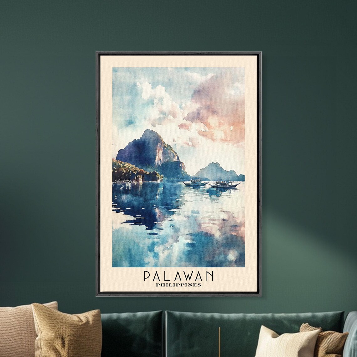 Palawan Philippines Limestone Karst Cliffs Boats Calm Lagoon Travel Poster - Image 5