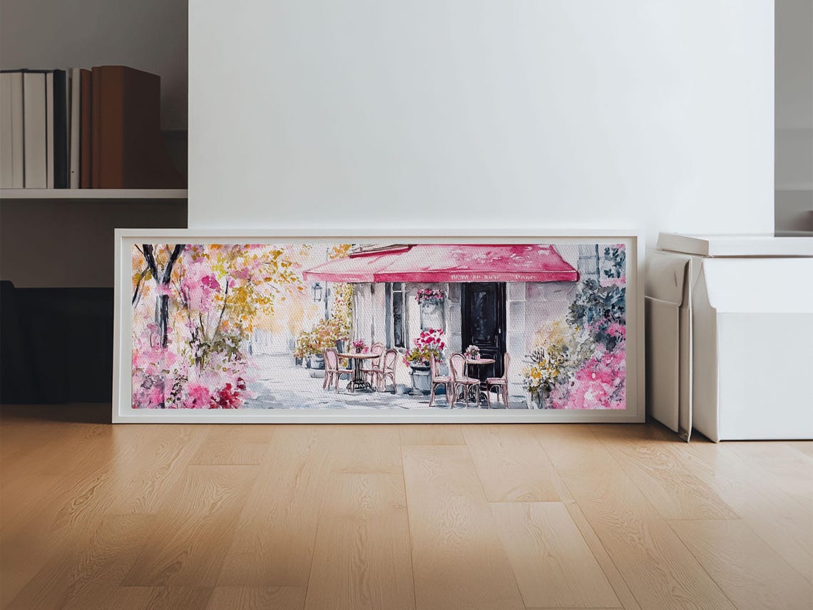 Parisian Cafe Cherry Blossom Painting Framed Print Extra Wide Art Horizontal Wall Art Rustic Above Sofa Decor - Image 5