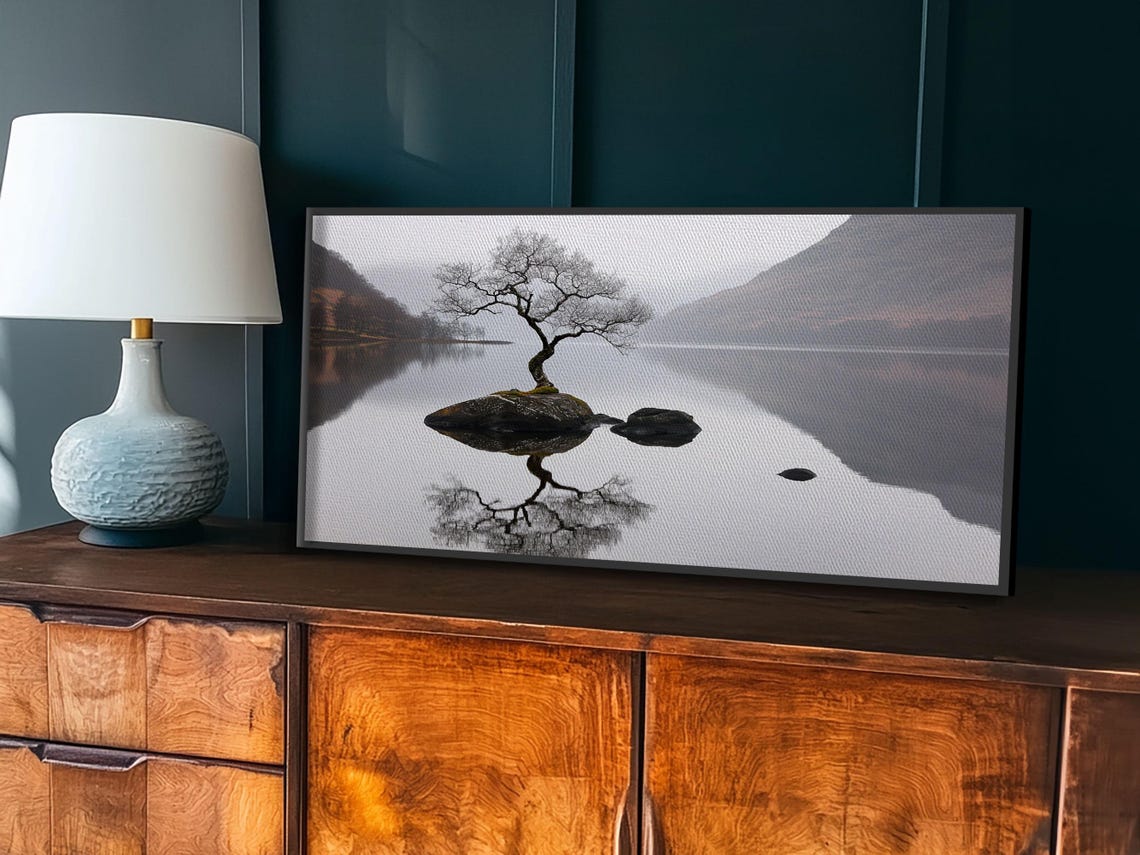 Lone Tree Rock Island Mirror Lake Misty Mountain Reflection Poster - Image 3