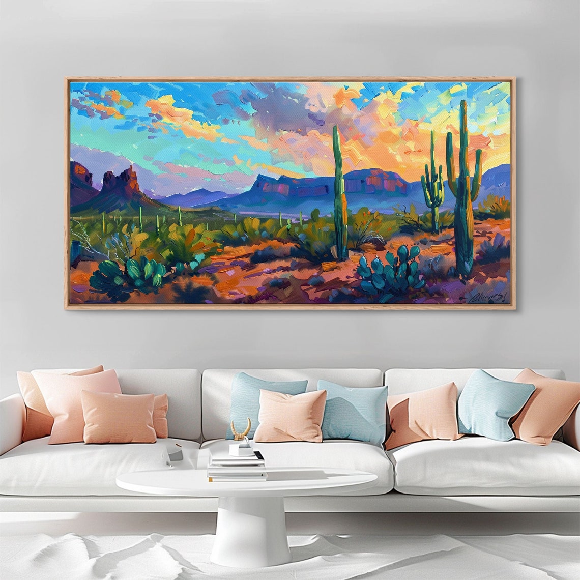 Saguaro Desert Sunset Red Rock Mesas Vibrant Impasto Art Poster - Image 2