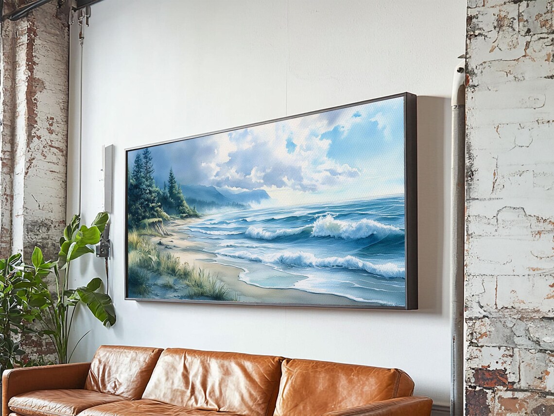 Misty Coastal Morning Seascape Painting Waves Pine Forest Beach Art Poster - Image 4