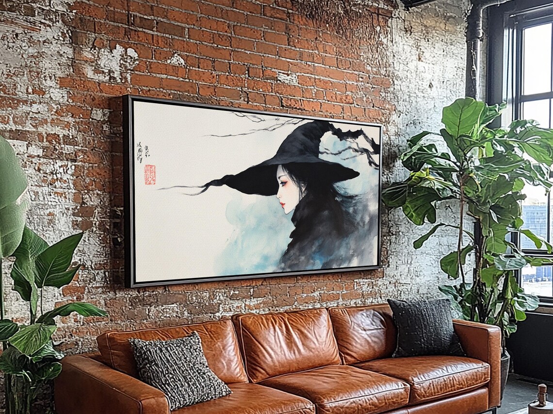 Japanese Witch Portrait Watercolor Ink Wash Bats Wide Brim Hat Artwork Poster