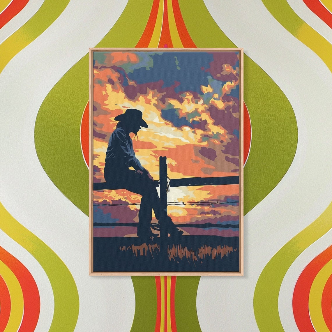 Cowboy Silhouette Fence Sunset Colorful Western Pop Art Poster - Image 5