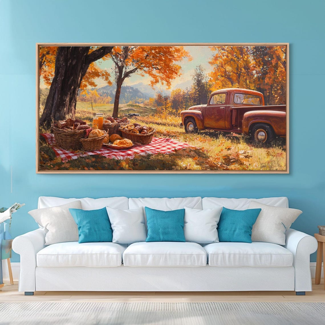 Fall Harvest Picnic With A Vintage Red Pickup Truck Art Print
