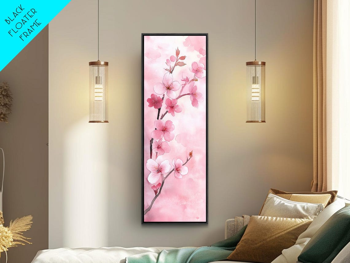Delicate Pink Cherry Blossom Branch Watercolor Floral Wall Art